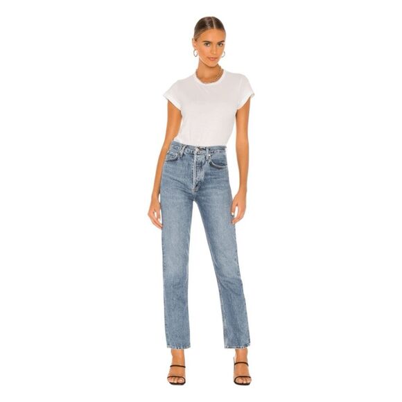 Agolde 90's Pinch Waist Jeans High Rise Straight Leg Blue Medium Wash Denim 24 - Picture 1 of 9